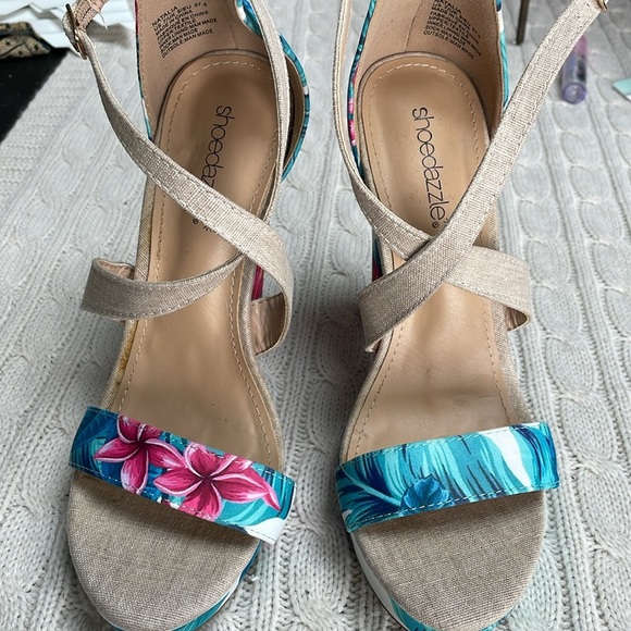 Women’s sz 7 shoedazzle Natalia 5” heels tropical platform chunk crossed strap - Picture 4 of 14